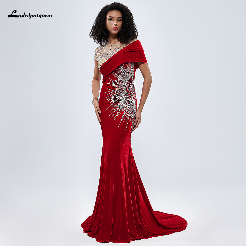 Red Velvet Cape Sleeves Beading Mermaid Evening Dress L99874