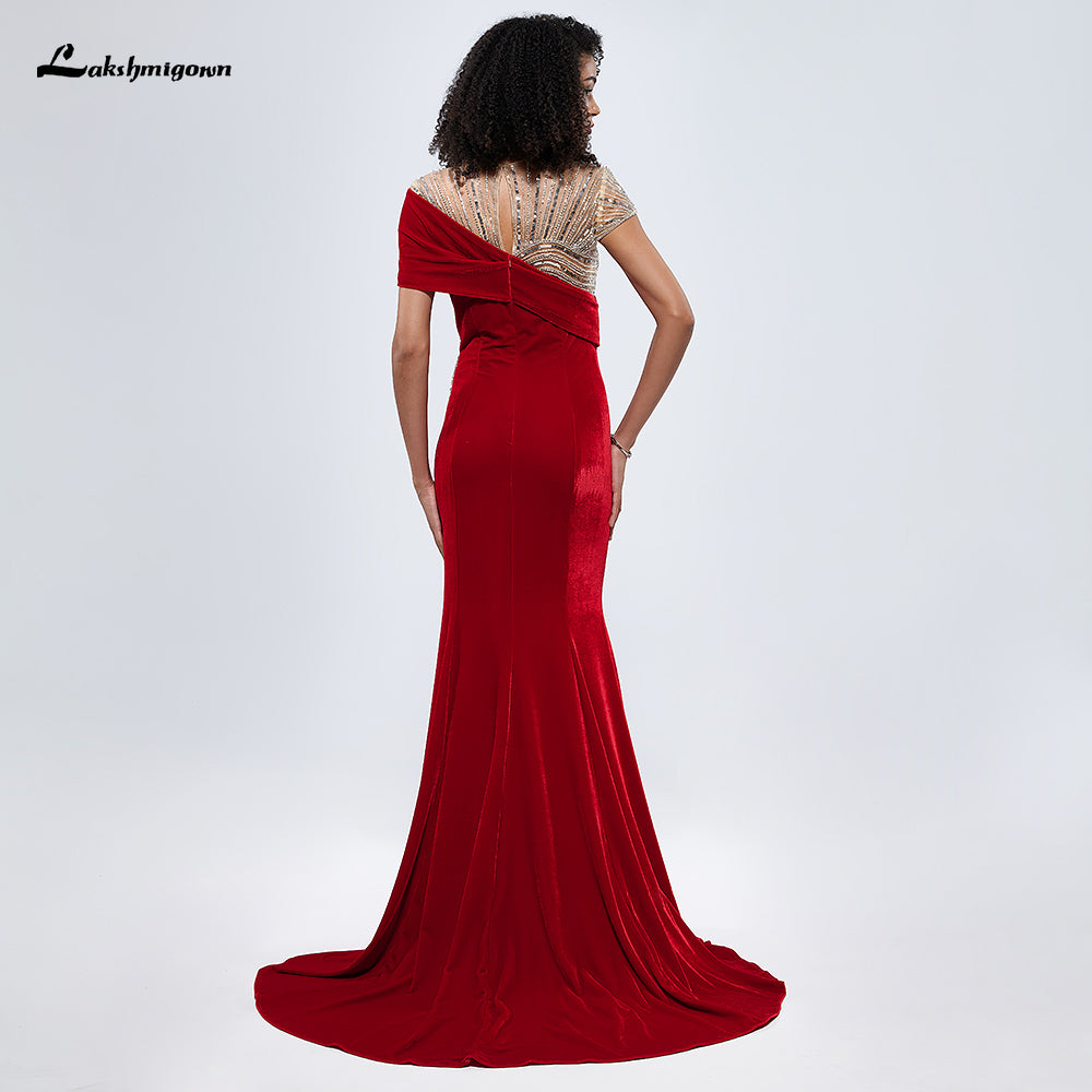 Red Velvet Cape Sleeves Beading Mermaid Evening Dress L99874