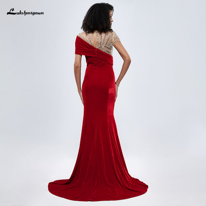 Red Velvet Cape Sleeves Beading Mermaid Evening Dress L99874