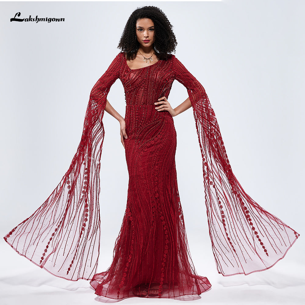 V Neck Long Sleeves Burgundy Mermaid Evening Prom Dress L9664 – LAKSHMIGOWN