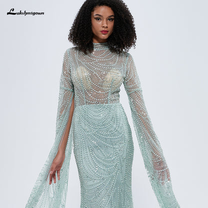 Dubai Mint Green Cape Sleeves Beaded Pearls Mermaid Evening Dress L9668