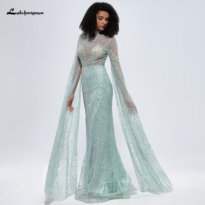 Dubai Mint Green Cape Sleeves Beaded Pearls Mermaid Evening Dress L9668