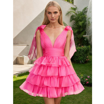 Trendy A-Line Royal Blue Tiered Homecoming Dress with Bow HCM0132