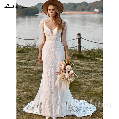 Bohemian Mermaid Wedding Dress Women V-neck Lace Spaghetti Straps Bridal Gowns