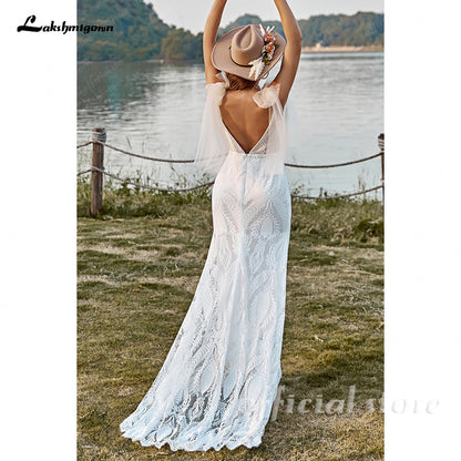 Bohemian Mermaid Wedding Dress Women V-neck Lace Spaghetti Straps Bridal Gowns