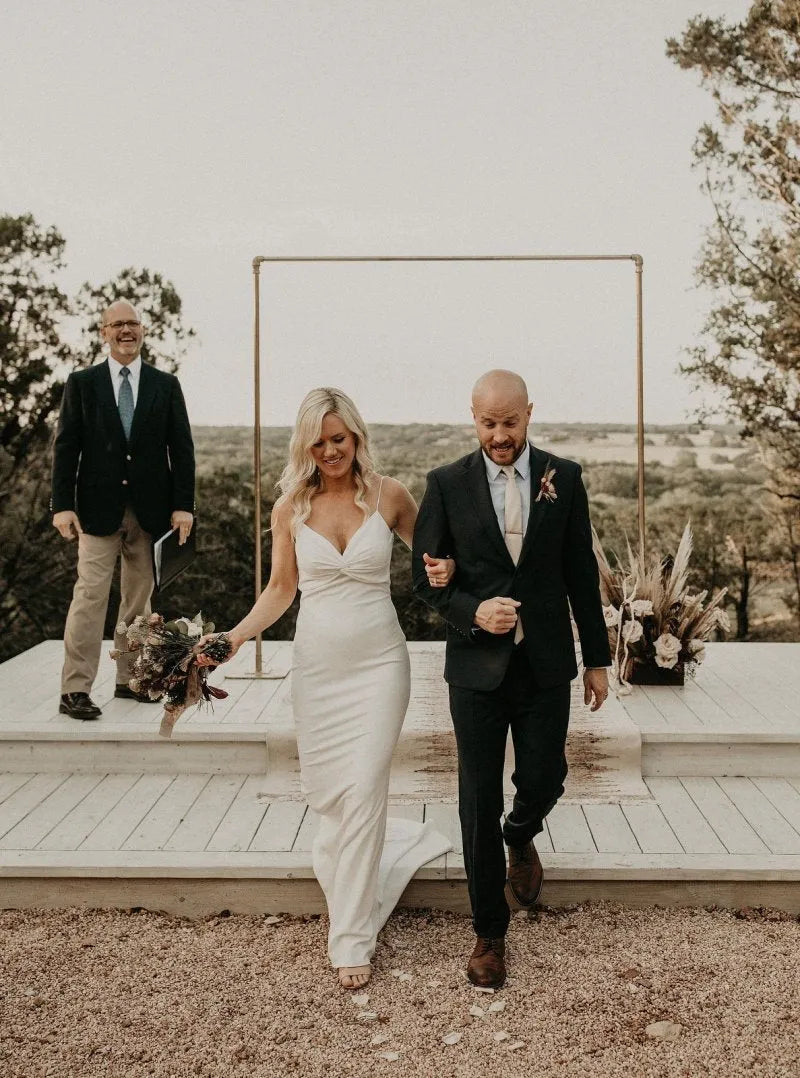 Elegant Spaghetti Mermaid Satin Beach Wedding Dress with Sleeveless Backless