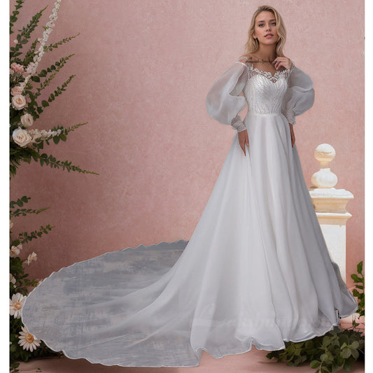 Long Puff Sleeves Pleat Organza A Line Wedding Dresses