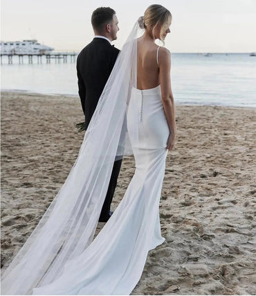 Simple Satin Spaghetti Strap Mermaid Beach Wedding Dress