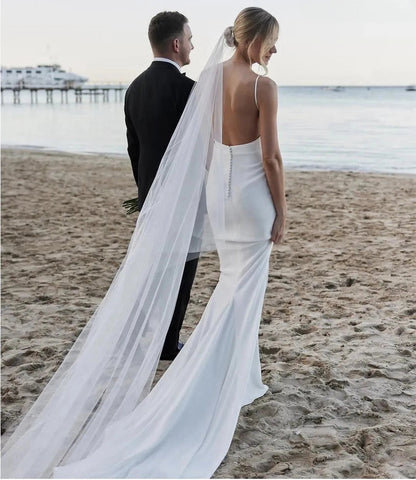 Simple Satin Spaghetti Strap Mermaid Beach Wedding Dress
