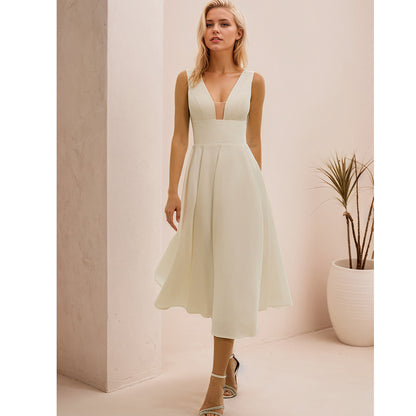 Short Wedding Dress Elegant Solid Color V-Neck Tea Length Bridal Gowns