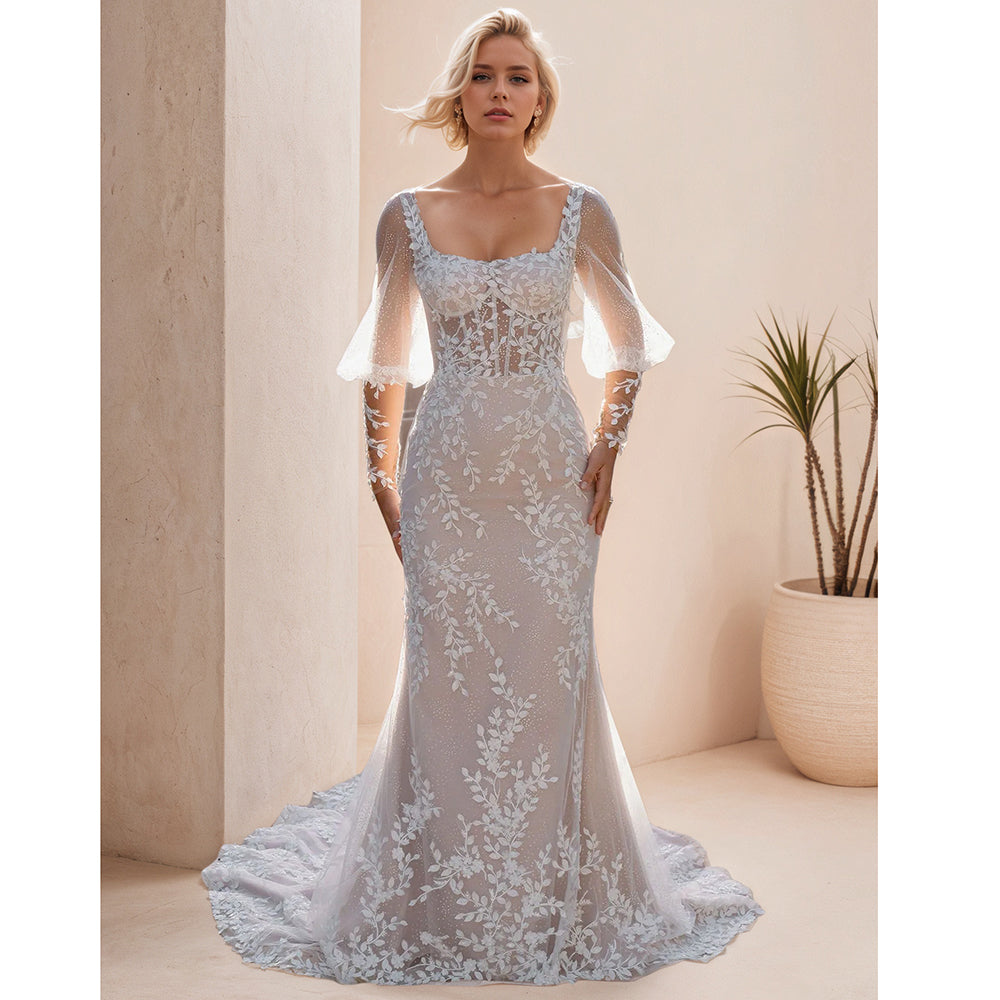 Mermaid Long Sleeve Wedding Gowns Square Neckline Women Bridal Wedding Dress