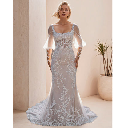 Mermaid Long Sleeve Wedding Gowns Square Neckline Women Bridal Wedding Dress