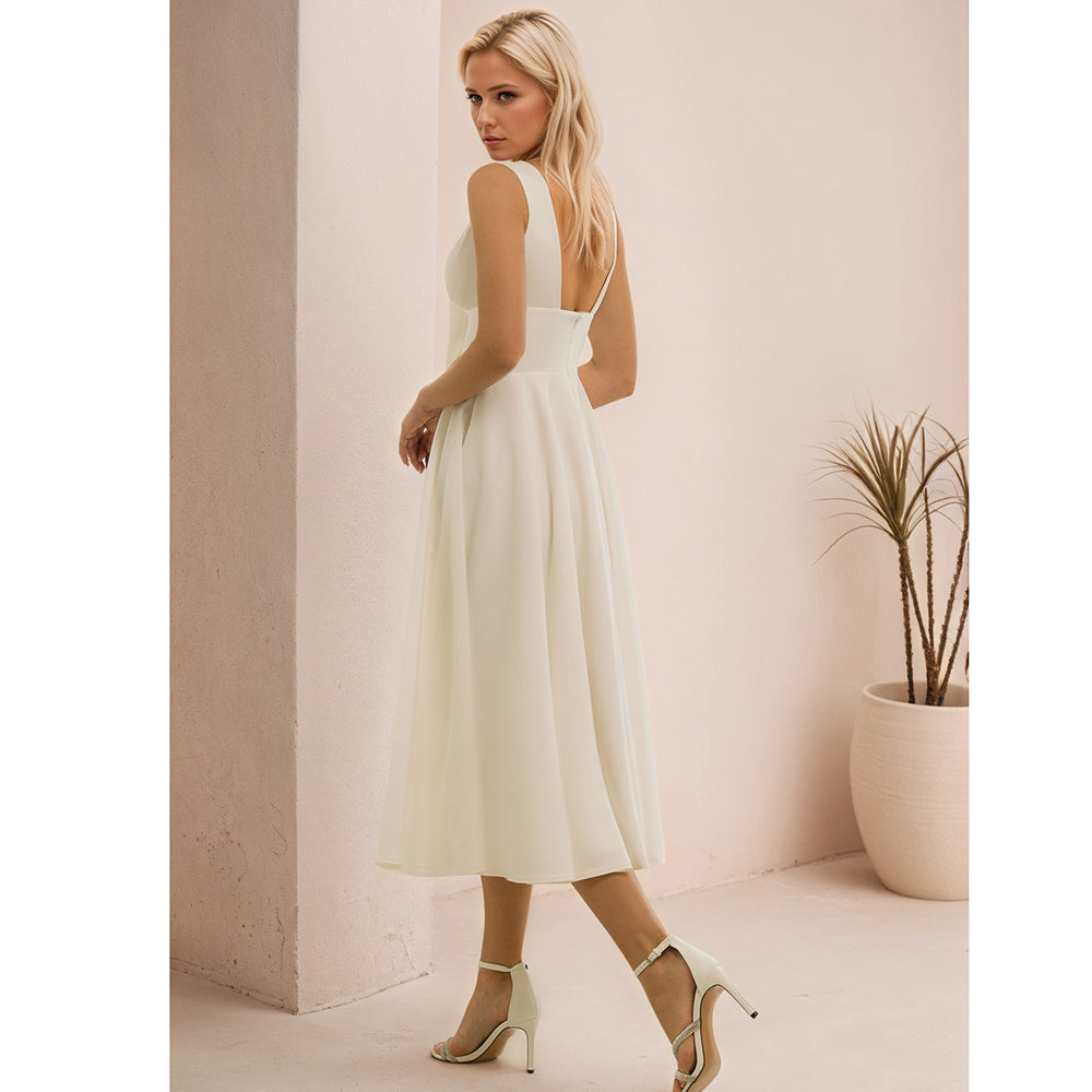 Short Wedding Dress Elegant Solid Color V-Neck Tea Length Bridal Gowns