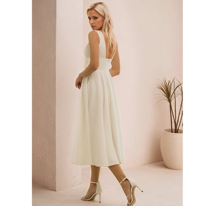 Short Wedding Dress Elegant Solid Color V-Neck Tea Length Bridal Gowns