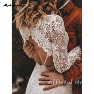 Long Sleeves Bohemian Lace Boho Wedding Dress with Deep V Neck
