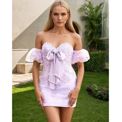Sheath Sweetheart Lace Bow Short Homecoming Dress with Puff Sleeves HCM0143