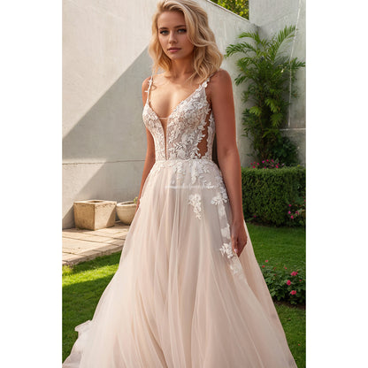 Sexy Bride Wedding Dress Spaghetti Straps V Neck Applique Backless A Line Champagne Bridal Gown