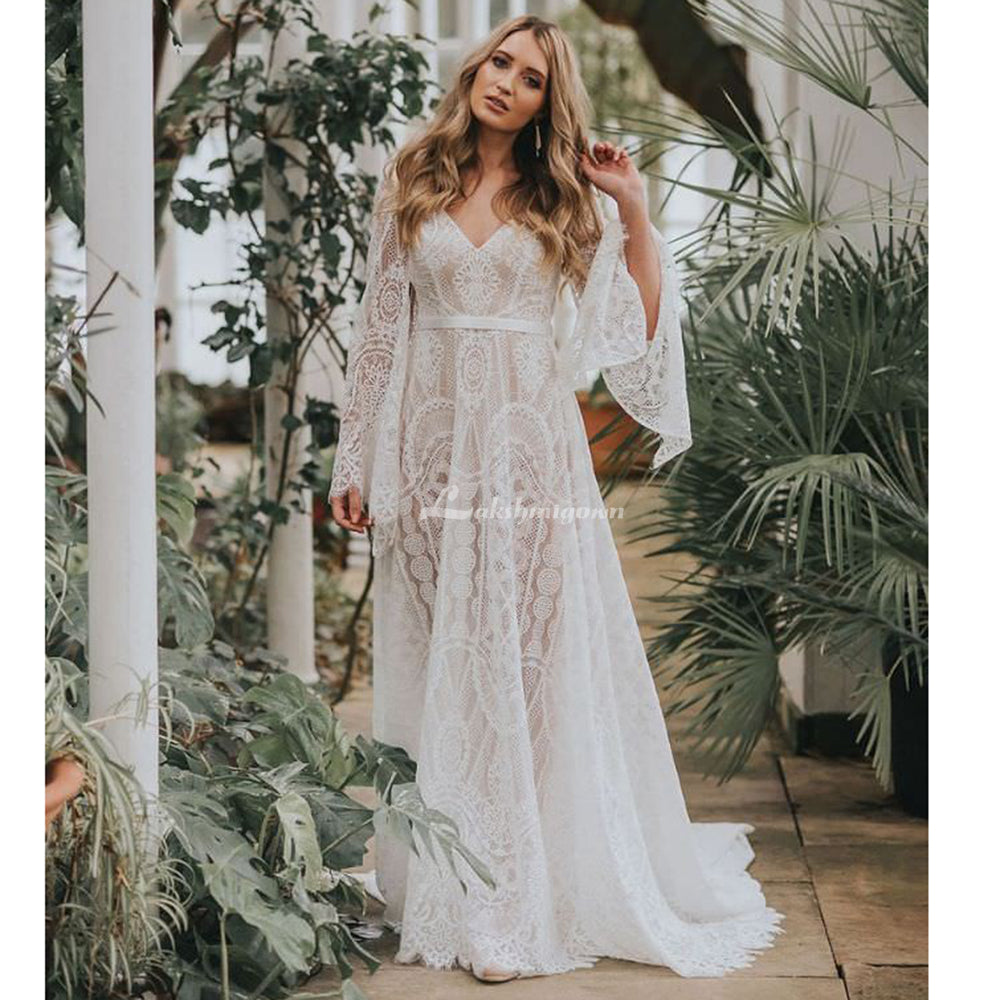 Bohemian Lace Boho Long Flare Sleeve Wedding Dress with V Neck Open Back