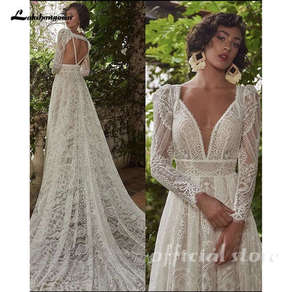 Bohemian Lace Women Wedding Dress with Long Sleeve Bolero