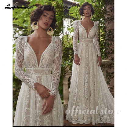 Bohemian Lace Women Wedding Dress with Long Sleeve Bolero