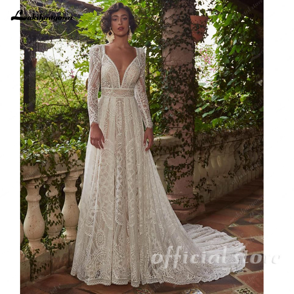 Bohemian Lace Women Wedding Dress with Long Sleeve Bolero