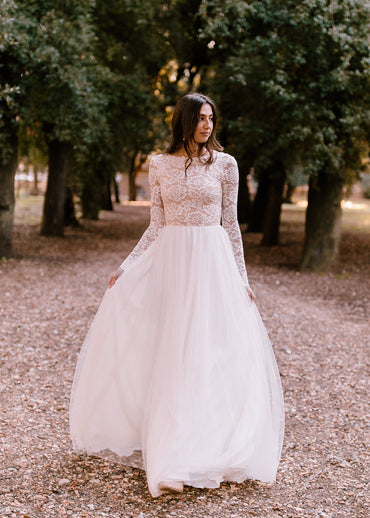 A Line Bohemian Lace Wedding Dresses with Long Sleeves