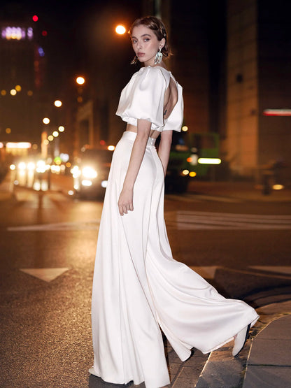 Sweetheart Half Sleeves Open Back Pantsuit Wedding Dress