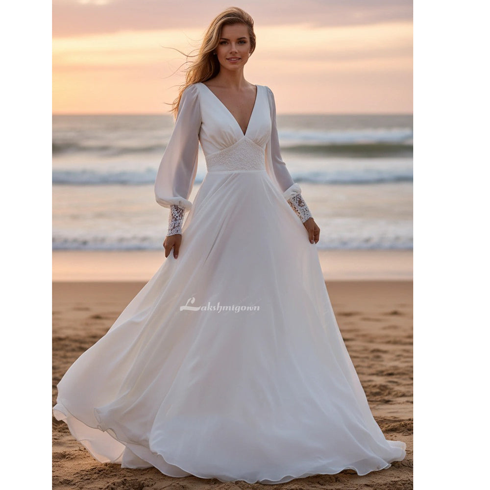 Long Puffy Sleeve Chiffon Beach Wedding Dress