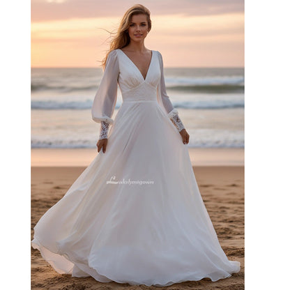 Long Puffy Sleeve Chiffon Beach Wedding Dress