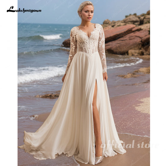 Women's Lace Chiffon Wedding Dresses 2025 New Long Sleeves A Line Beach Wedding Gown