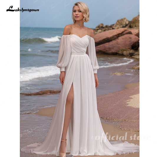 Off The Shoulder Chiffon Bridal Dress Lace Up Wedding Gowns For Women Lantern Sleeves