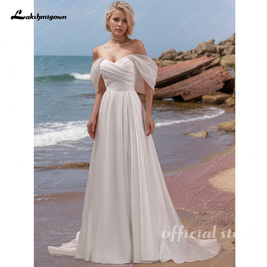 Organza Off the Shoulder Wedding Dresses Classic Pleats Strapless A-line Bridal Gowns