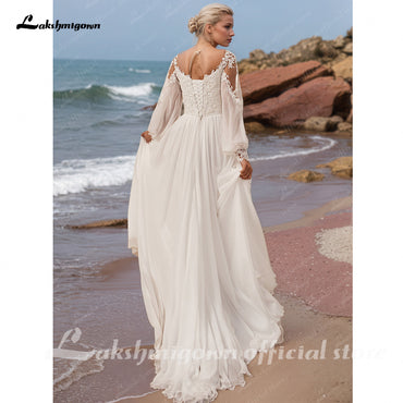 Women's Lace Chiffon Wedding Dresses 2025 New Long Sleeves A Line Beach Wedding Gown