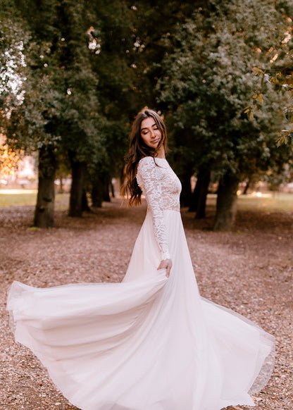 A Line Bohemian Lace Wedding Dresses with Long Sleeves