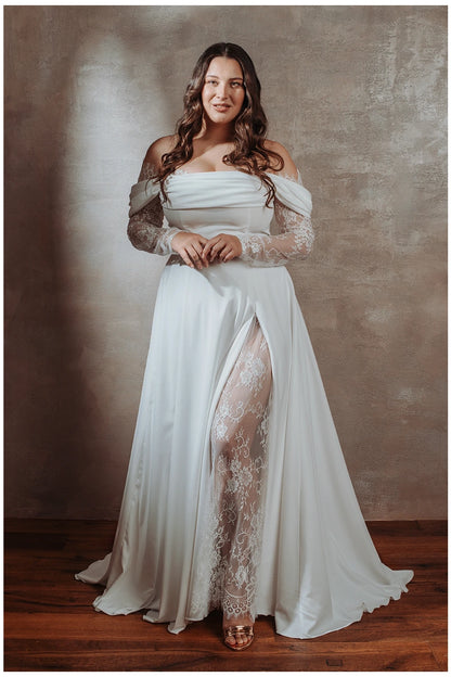 Vestido de novia de manga larga con encaje y hombros descubiertos
