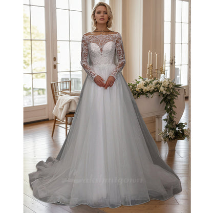 Long Sleeves Boat Neck Wedding Dress Illusion Back Buttons Bride Dresses