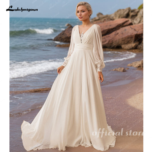A-Line Wedding Dress Puff Sleeve Illusion Back Chiffon Beach Wedding Gown