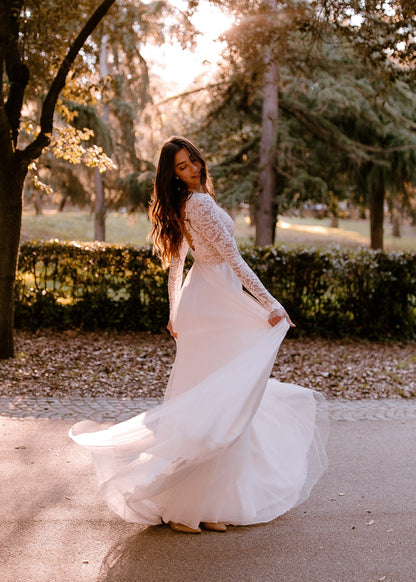 A Line Bohemian Lace Wedding Dresses with Long Sleeves
