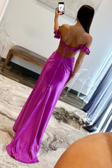 Violet Flutter Sleeve Cutout Mermaid Prom Gown