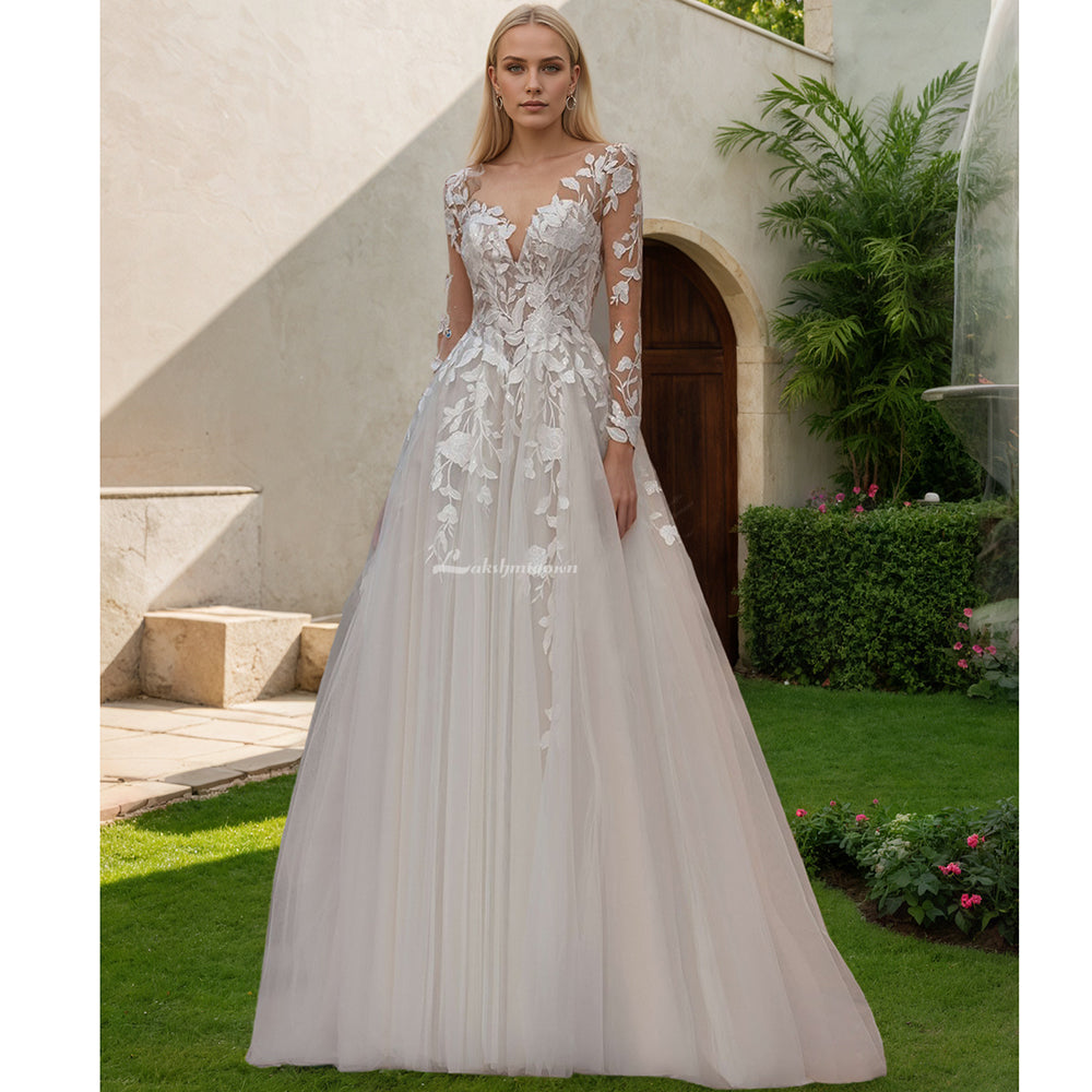 Robe de mariée à manches longues et col rond, ligne a, en Tulle, Illusion au dos, robes de mariée