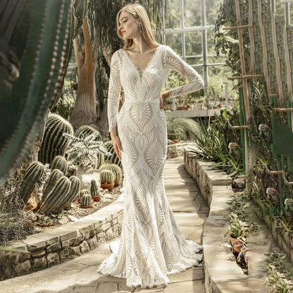 Bohemian Beach Lace Mermaid Wedding Dresses with Long Sleeves