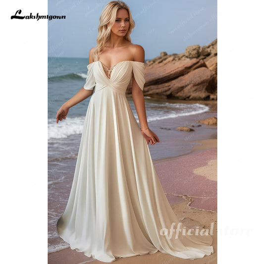 A Line Women's Wedding Dresses Off The Shoulder Sleeveless Bride Gowns