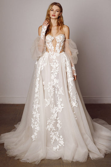 Off-shoulder A-line Wedding Dress with Long Sleeves