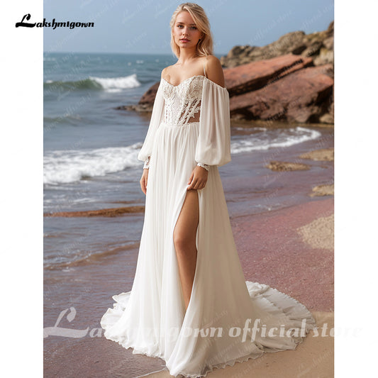 Beach Long Sleeve High Split Wedding Gowns Sexy Off the Shoulder Women Beach Bridal Dresses