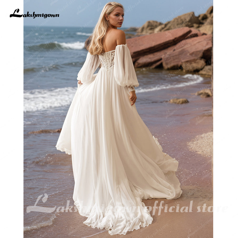 Beach Long Sleeve High Split Wedding Gowns Sexy Off the Shoulder Women Beach Bridal Dresses