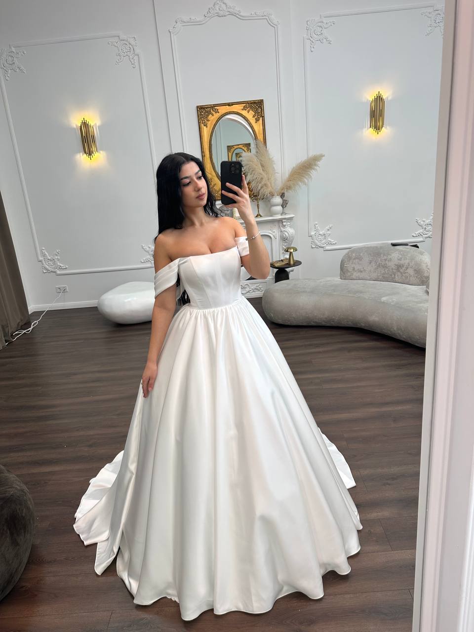 Off-Shoulder Satin Wedding Dress Elegant Princess Ball Gown