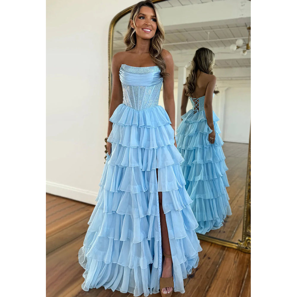 فساتين حفلة التخرج متعددة الطبقات من الشيفون بدون أكتاف برقبة قلب مع شق