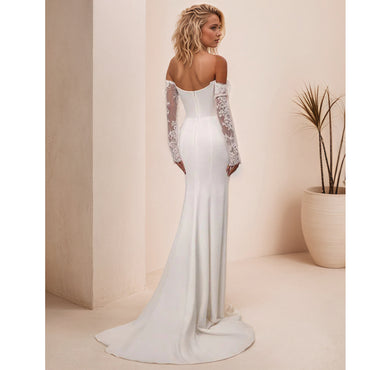 Long Sleeves Mermaid Wedding Dresses Off Shoulder Satin Bridal Gown