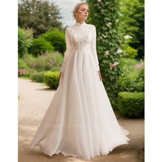 High Neck Long Sleeves Wedding Dress with Beads