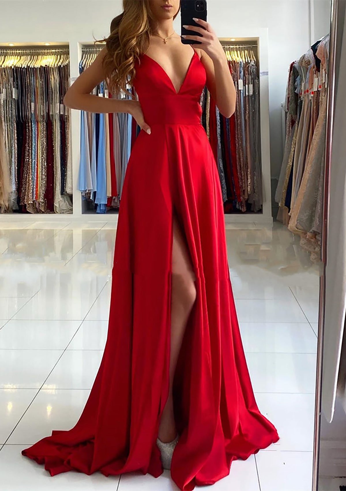 Red A-line V Neck Sweep Train Prom Dress With Split